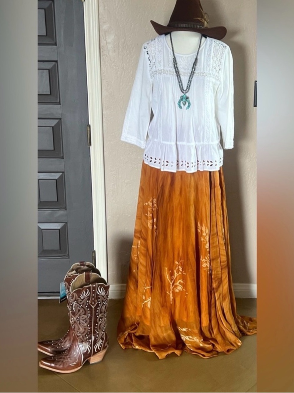 Handmade Maxi Skirt Womens OSFM Orange Excellent Boho Western Flowy Festival